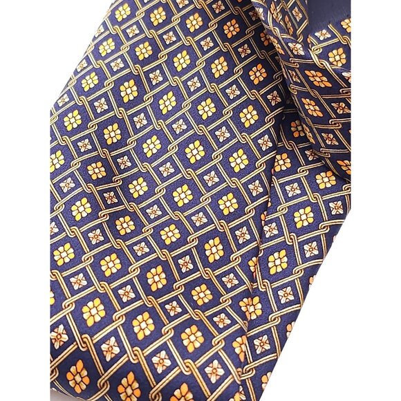 Paco Rabanne Mens Silk Tie Geometric Floral Pattern Navy & Gold Made In Italy - Picture 12 of 13